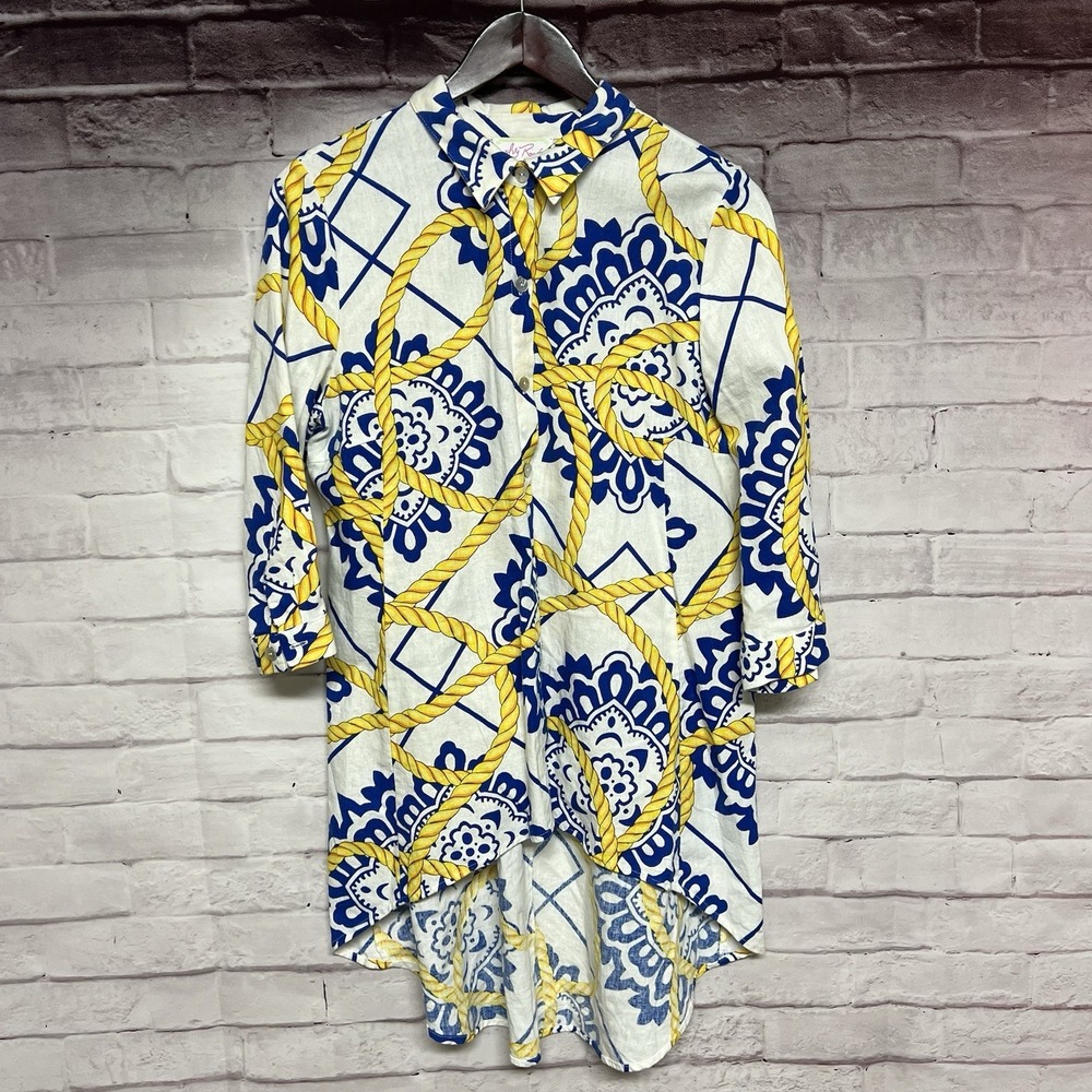 Ivy Road Shirt Dress Women Large Yellow Blue Equestrian Floral Chain Linen Blend